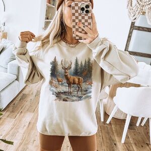 Women's Beige Deer Print Sweater